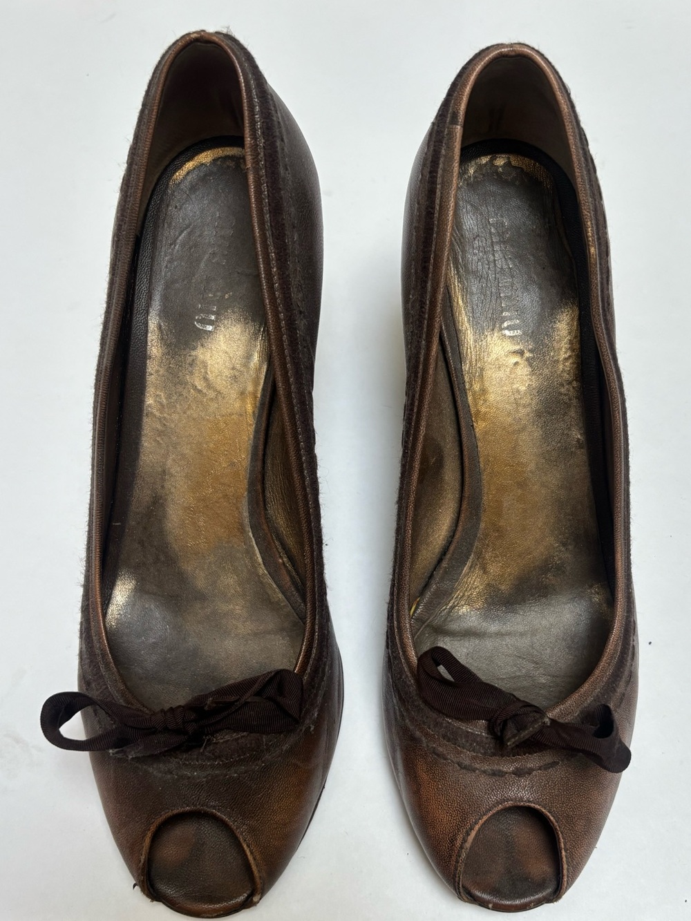 MIU MIU vintage brown leather peep toe wedge heel.